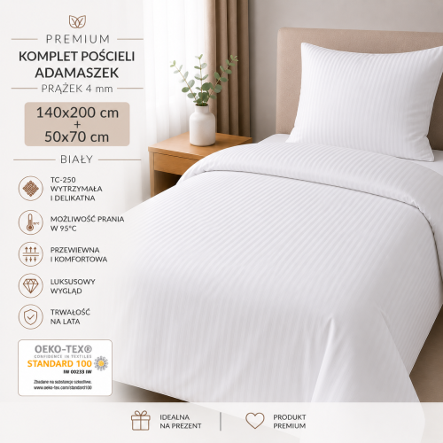Komplet Pościeli 140x200 + 50x70 Adamaszek Prążek 4 mm Biały 95°C Premium (2).png