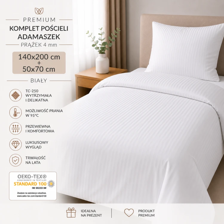 Komplet Pościeli 140x200 + 50x70 Adamaszek Prążek 4 mm Biały 95°C Premium (2).png