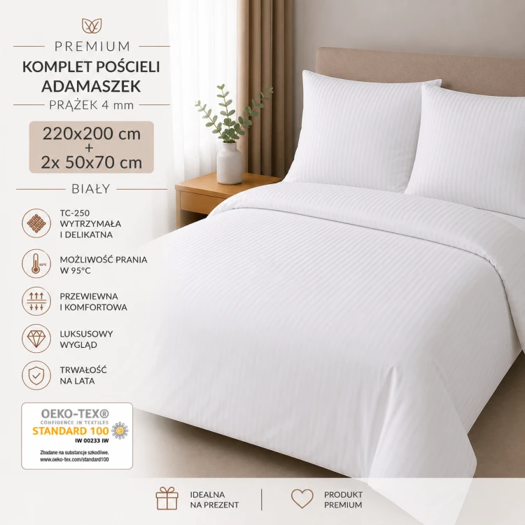Komplet Pościeli 220x200 + 2x 50x70 Adamaszek Prążek 4 mm Biały 95°C Premium (2).png