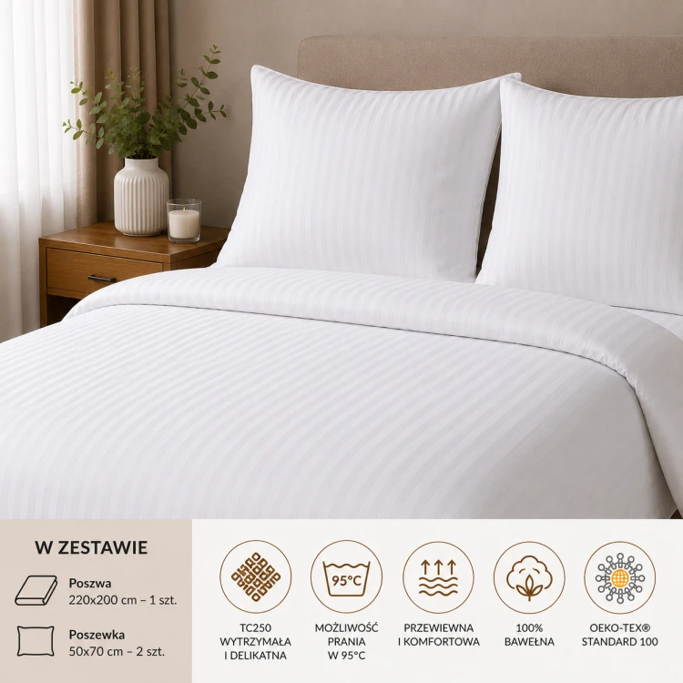 Komplet Pościeli 220x200 + 2x 50x70 Adamaszek Prążek 4 mm Biały 95°C Premium  (3).png