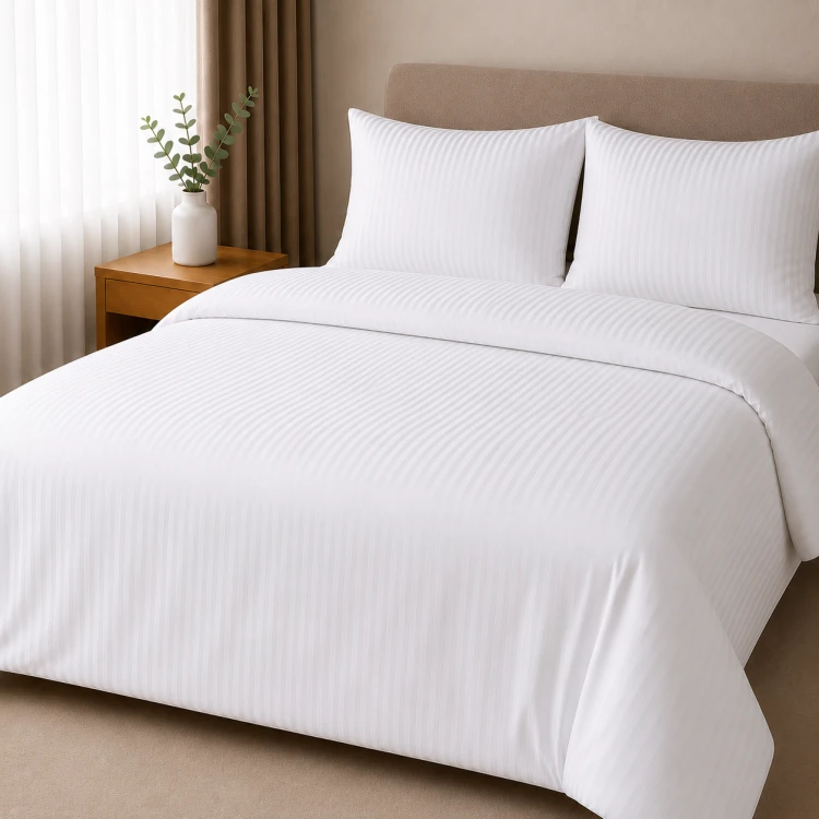 Komplet Pościeli 220x200 + 2x 50x70 Adamaszek Prążek 4 mm Biały 95°C Premium.png
