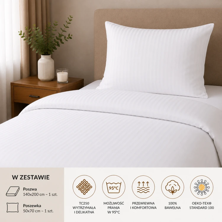 Komplet Pościeli 140x200 + 50x70 Adamaszek Prążek 4 mm Biały 95°C Premium (3).png