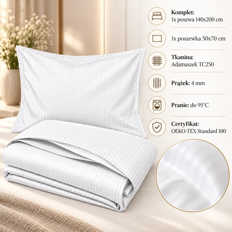 Komplet Pościeli 140x200 + 50x70 Adamaszek Prążek 4 mm Biały 95°C  (2).png