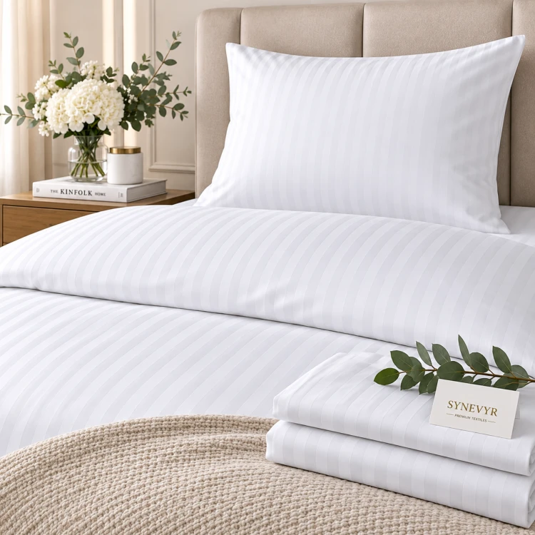 Komplet Pościeli 140x200 + 50x70 Adamaszek Prążek 4 mm Biały 95°C  (3).png